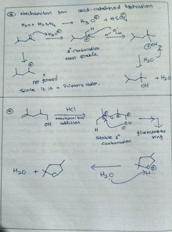 Mechanism thot Haso for - acid-catalysed hydration H₂O + tsoo DOH. 3 carbocation most stable H₂o: not formed +H₂O it is since