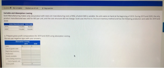 0 4 Not complete worked out of 5.00 Variable and Absorption Costing Scott Manufacturing makes only one product with total uni