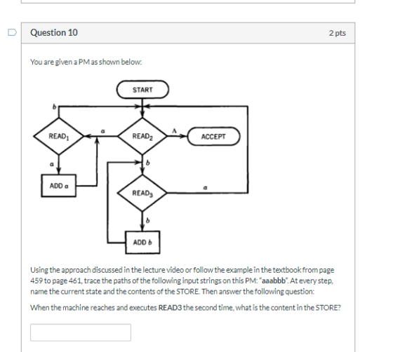 Question 10 2 pts You are given a PM as shown below: START READ READ ACCEPT ADD READ3 ADD Using the approach discussed in the