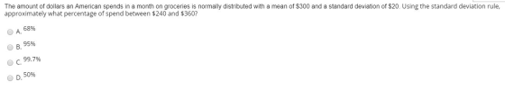 The amount of dollars an American spends in a month on groceries is normally distributed with a mean of $300 and a standard d
