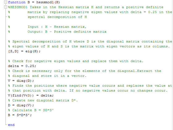function B hessmod1 (H) %HESSMODĪ Takes in the Hessian matrix H and returns a positive definite matrix by replacing negative