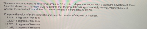 The mean annual tuition and fees for a sample of 12 private colleges was $36,800 with a standard deviation of $5000 A dotplot