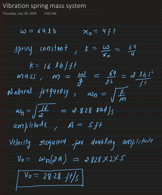 Vibration spring mass system Thursday, July 30, 2020 3:02 AM W = 64 Ib 20= 4ft K- = spring constant فدا / 64 प lo 3lob 64 32