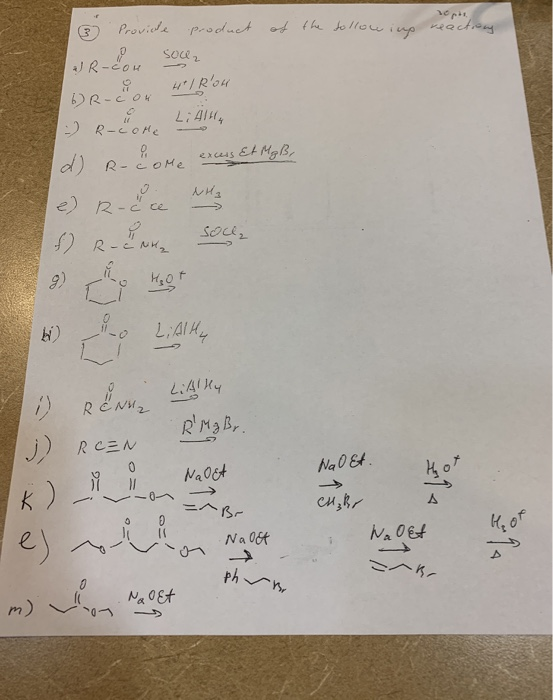 op Provide product of the following reactions WR-Eon soca broon H 1 Rou - Ruote Liina d) R- & one excurs Et Maße e) Rouce M3