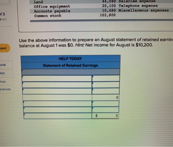 Land Office equipment Accounts payable Common stock 44,080 salaries expense 20,100 Telephone expense 10, 480 Miscellaneous ex