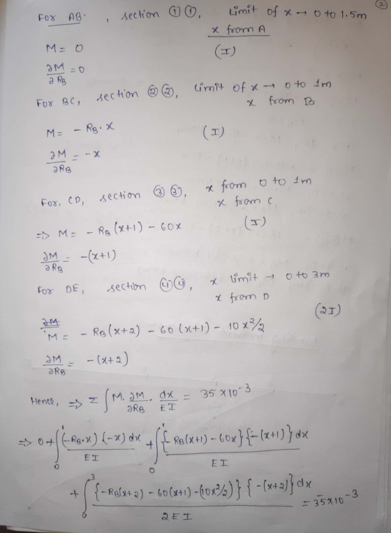 Limit of x 0 to 1.5m For section ♡ ♡ AB x from A M = 0 (1) aM =0 a RB section ® 2, limit of a o to im For BC, from B M= - RBo