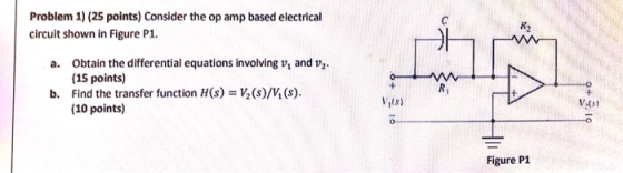 Problem 1) (25 points) Consider the op amp based electrical circuit shown in Figure P1. 6 a. Obtain the differential equation
