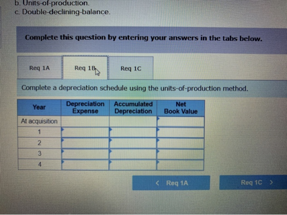 b. Units-of-production. c. Double declining-balance. Complete this question by entering your answers in the tabs below. Req 1