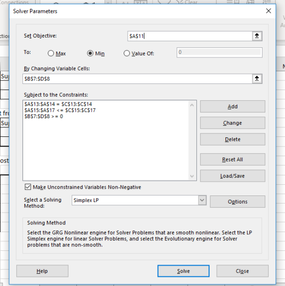on Solver Parameters Ar SAS11 Set Objective ti O Max To: Value Of: By Changing aiable Cells: Su SBS7:SDS8 Subject to the Cons