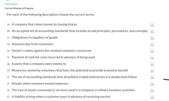 View Policies Current Attempt in Progress For each of the following description choose the correct terms: (a) A company that