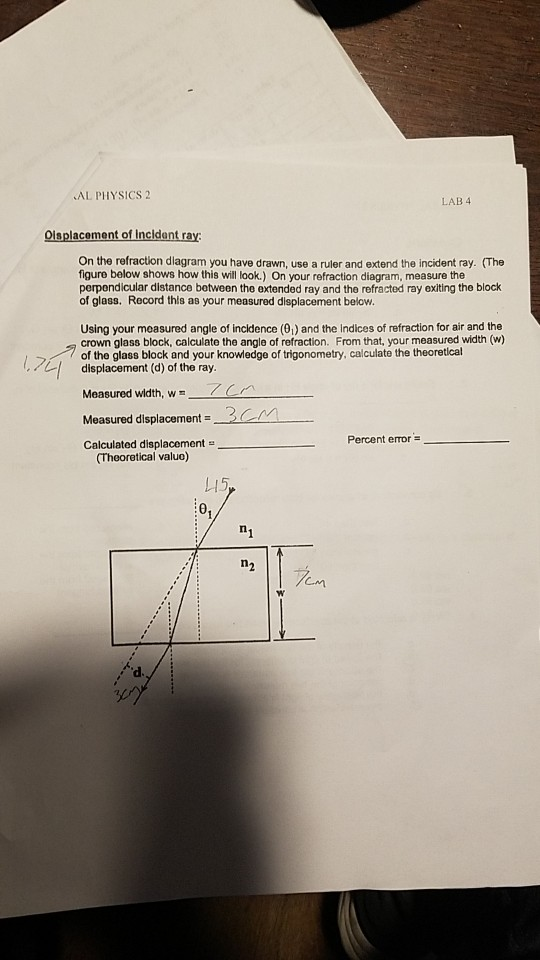 AL PHYSICS 2 LAB 4 Displacement of Incident ray: On the refraction diagram you have drawn, use a ruler and extend the inciden