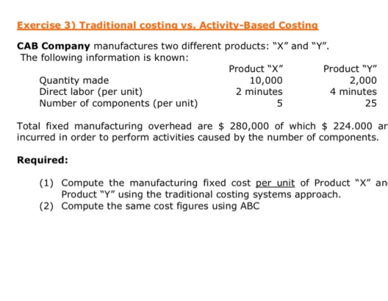 CAB Company manufactures two different products: X and Y. The following information is known: Quantity made Direct labor (per unit) Number of components (per unit) Product X 10,000 2 minutes Product Y 2,000 4 minutes 25 Total fixed manufacturing overhead are $ 280,000 of which $ 224.000 ar incurred in order to perform activities caused by the number of components. Required: (1) Compute the manufacturing fixed cost per unit of Product X an Product Y using the traditional costing systems approach. (2) Compute the same cost figures using ABC