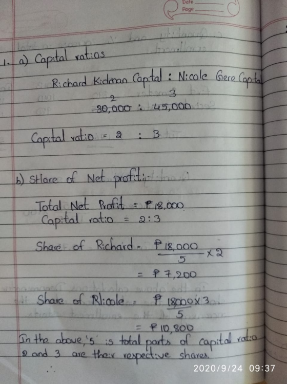 Date Page 1. a) Capital vatios Richard Kidman Capital : Nicole Gece Captal 30,000 45,000 2 Capital ratio : a . 3 b) Share of