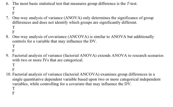 6. The most basic statistical test that measures group difference is the T-test. 7. One-way analysis of variance (ANOVA) only determines the significance of group differences and does not identify which groups are significantly different. 8. One-way analysis of covariance (ANCOVA) is similar to ANOVA but additionally controls for a variable that may influence the DV. 9. Factorial analysis of variance (factorial ANOVA) extends ANOVA to research scenarios with two or more IVs that are categorical. 10. Factorial analysis of variance (factorial ANCOVA) examines group differences in a single quantitative dependent variable based upon two or more categorical independent variables, while controlling for a covariate that may influence the DV