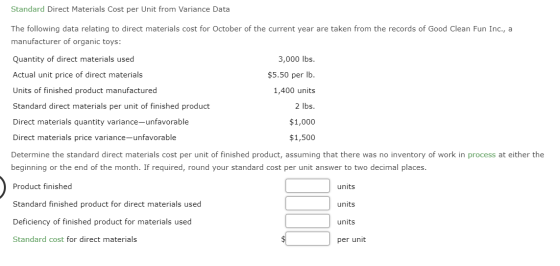 Standard Direct Materials Cost per Unit from Variance Data The following data relating to direct materials cost for October o