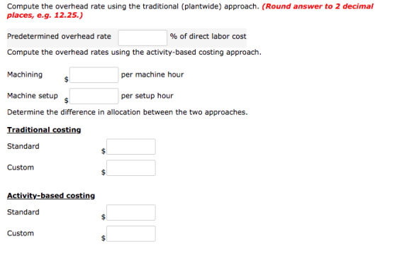 Compute the overhead rate using the traditional (plantwide) approach. (Round answer to 2 decimal places, e.g. 12.25.) Predete