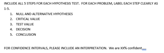 INCLUDE ALL 5 STEPS FOR EACH HYPOTHESIS TEST. FOR EACH PROBLEM, LABEL EACH STEP CLEARLY AS 1-5 1. NULL AND ALTERNATIVE HYPOTH
