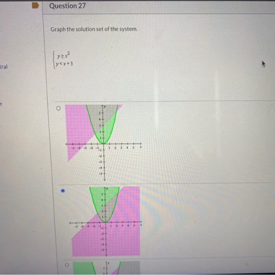 Question 27 Graph the solution set of the system. tral y<x+3 O -34 1 2 3 4 5 -3 2+ 1+ 43 1