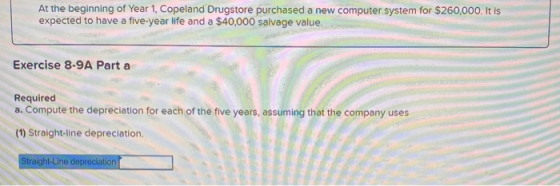 At the beginning of Year 1, Copeland Drugstore purchased a new computer system for $260,000. It is expected to have a five-ye