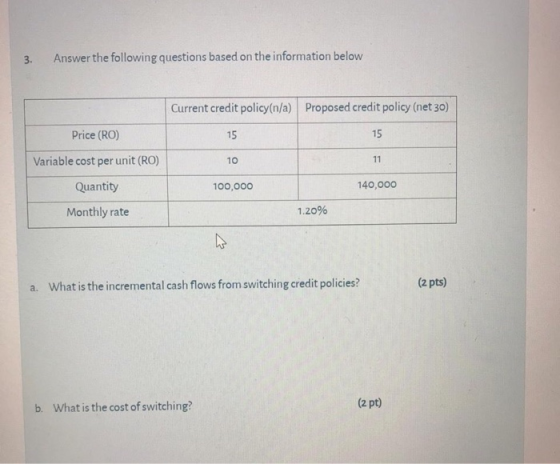 3. Answer the following questions based on the information below Current credit policy(n/a) Proposed credit policy (net 30) P