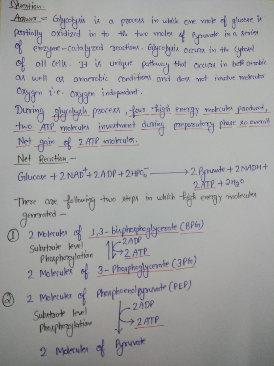 Question. Answer - Glycolyxis is a process in which one more of glucoxe it porstially oxidized in to the two molex of Pyruvat