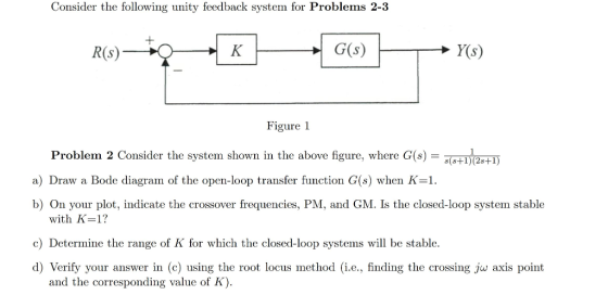 Consider the following unity feedback system for Problems 2-3 R(9) —tqKAG YIS) Figure 1 Problem 2 Consider the system shown in the above figure, where G(s) = s(8+1128+1) a) Draw a Bode diagram of the open-loop transfer function G(s) when K=1. b) On your plot, indicate the crossover frequencies, PM, and GM. Is the closed-loop system stable with K=1? c) Determine the range of K for which the closed-loop systems will be stable. d) Verify your answer in (c) using the root locus method (i.e., finding the crossing jw axis point and the corresponding value of K).