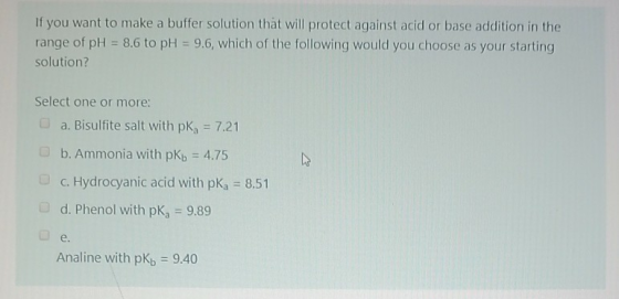 If you want to make a buffer solution that will protect against acid or base addition in the range of pH = 8.6 to pH = 9.6, w