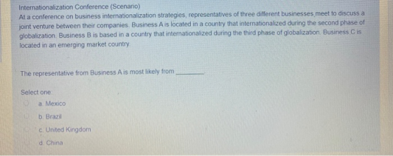 Internationalization Conference (Scenario) At a conference on business internationalization strategies, representatives of th