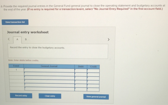 b. Provide the required journal entries in the General Fund general Journal to close the operating statement and budgetary ac