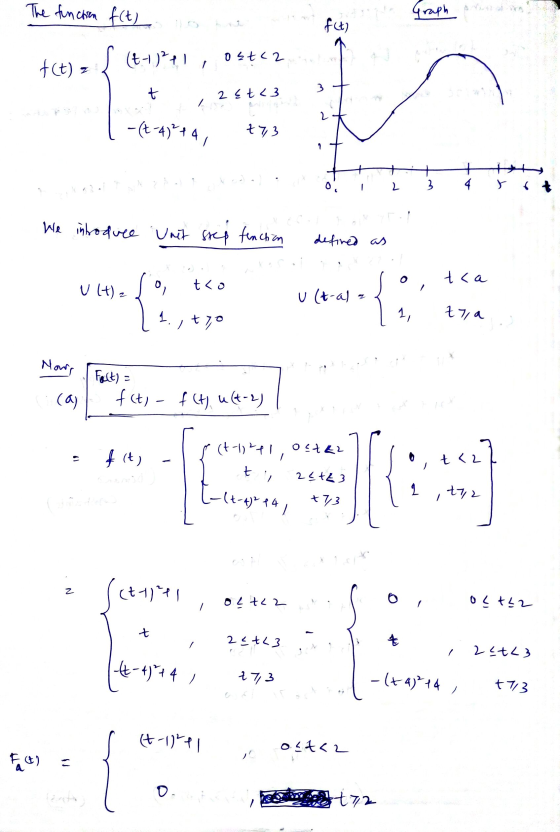 The function f(t) Graph fut) s (t+)?21 ostc2 f(t) = t 2 st <3 2 -t-4)*74 273 + 2 4 w We introduce unit step function defined