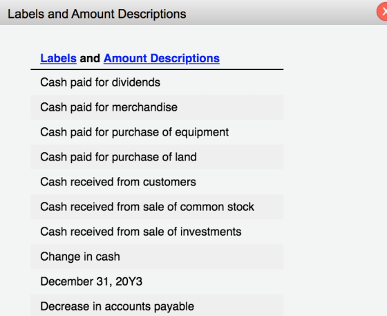 Labels and Amount Descriptions Labels and Amount Descriptions Cash paid for dividends Cash paid for merchandise Cash paid for
