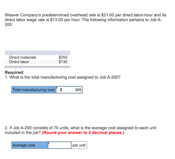 Weaver Companys predetermined overhead rate is $21.00 per direct labor-hour and its direct labor wage rate is $13.00 per hou