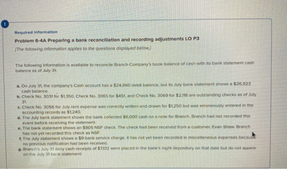 0 Required information Problem 6-4A Preparing a bank reconciliation and recording adjustments LO P3 [The following informatio