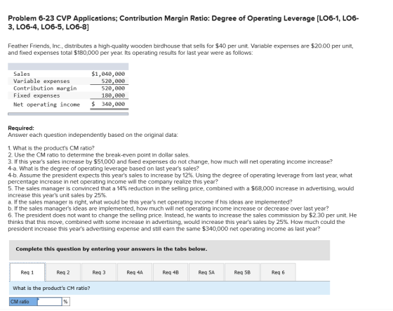 Problem 6-23 CVP Applications; Contribution Margin Ratio: Degree of Operating Leverage (LO6-1, LO6- 3, LO6-4, LO6-5, LO6-8) F