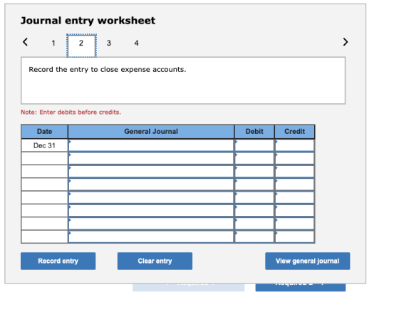 Journal entry worksheet < 1 2 3 3 4 > Record the entry to close expense accounts. Note: Enter debits before credits. Date Gen