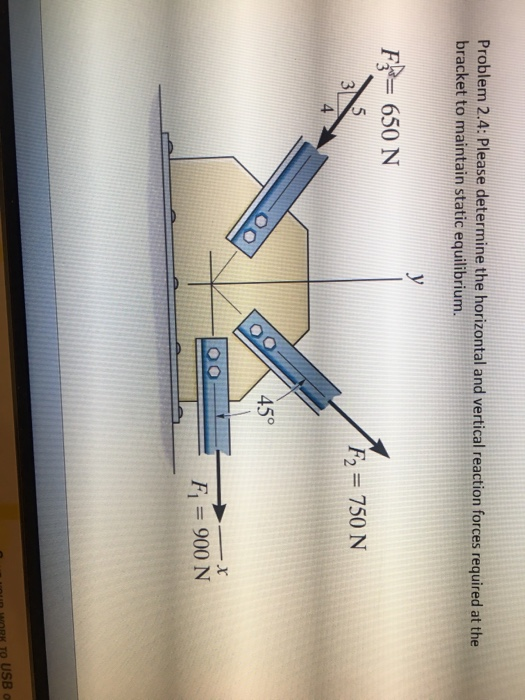 Problem 2.4: Please determine the horizontal and vertical reaction forces required at the bracket to maintain static equilibrium. F 650 N F2 750 N 4 45° F1 900N n wORK TO USB