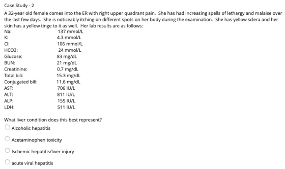Case Study - 2 A 32-year old female comes into the ER with right upper quadrant pain. She has had increasing spells of lethar