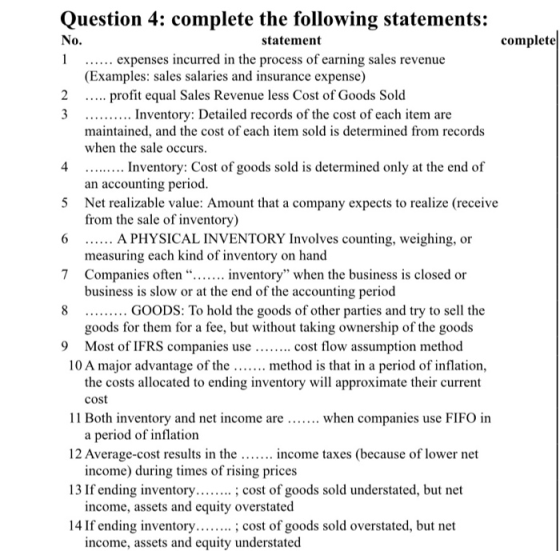 Question 4 Complete The Following Statements No Statement Complete 1 
