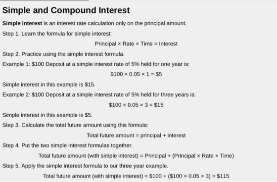 Simple and Compound Interest Simple interest is an interest rate calculation only on the principal amount. Step 1. Learn the