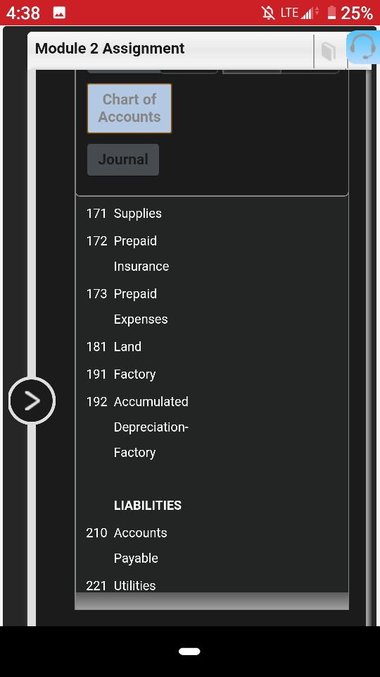 4:38 A LTE 1 25% Module 2 Assignment Chart of Accounts Journal 171 Supplies 172 Prepaid Insurance 173 Prepaid Expenses 181 La