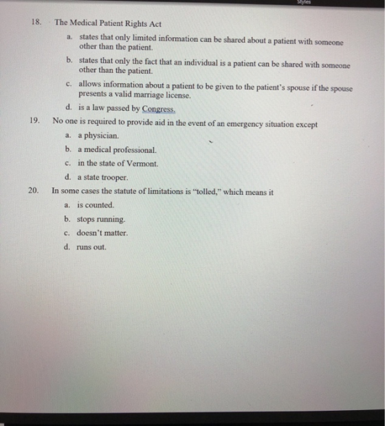 les The Medical Patient Rights Act 18. a. states that only limited information can be shared about a patient with someone oth