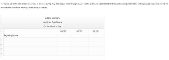 1. Prepare job-order cost sheets for all jobs in process during July, showing all costs through July 31. Refer to Amount Desc