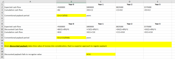 A В C D E 1 Year 1 Year 0 Year 2 Year 3 2 Expected cash flow Cumulative cash flow -4500000 3825000 1800000 1575000 3 -B3+C2 -