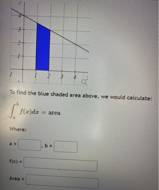 4 3 INI 1 1 1 2 3 4. 2 To find the blue shaded area above, we would calculate: Isle f(x)dx = area Where: b= f(x) = Area =