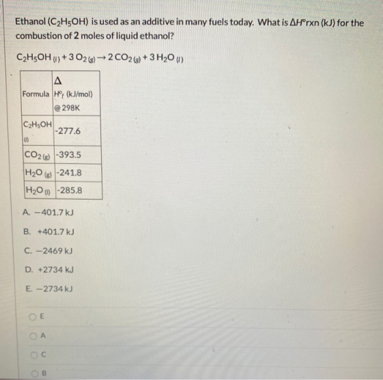 Ethanol (C2H5OH) is used as an additive in many fuels today. What is AHørxn (kJ) for the combustion of 2 moles of liquid etha
