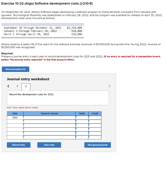 Exercise 10-32 (Algo) Software development costs [LO10-8] On September 30, 2021. Athens Software began developing a software