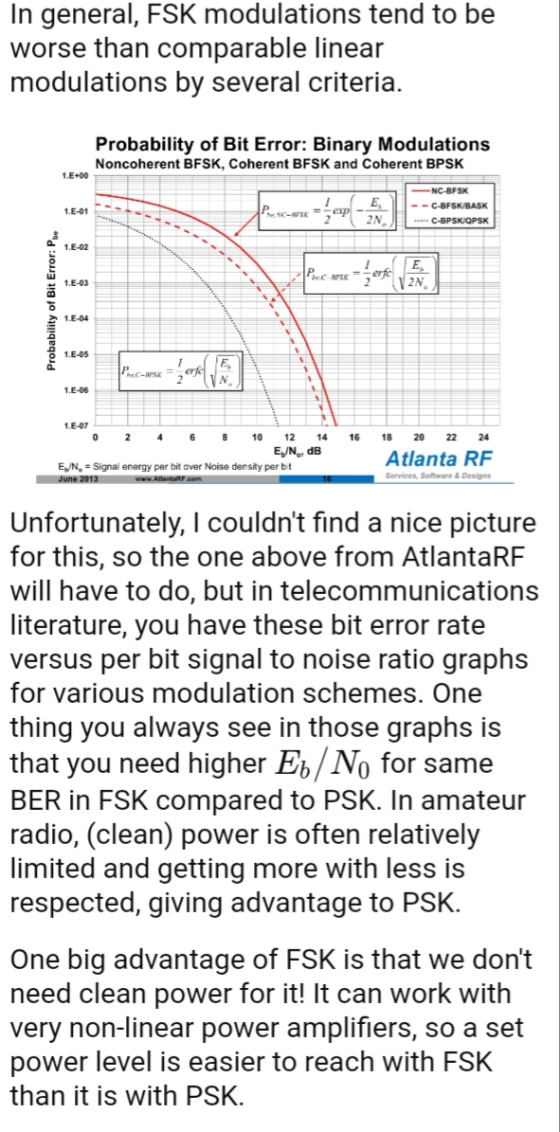 In general, FSK modulations tend to be worse than comparable linear modulations by several criteria. Probability of Bit Error