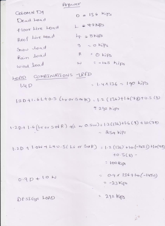 Ai COLOMN TD floos Hire Load Roof Live Loa Snow load Ravn lo ad Rs cu Lu D 292 K,p> asa ips Ho.SCg) 冫look; 0.9 x 136+to(-14501 223Kip - 292 kips De siN LOAD