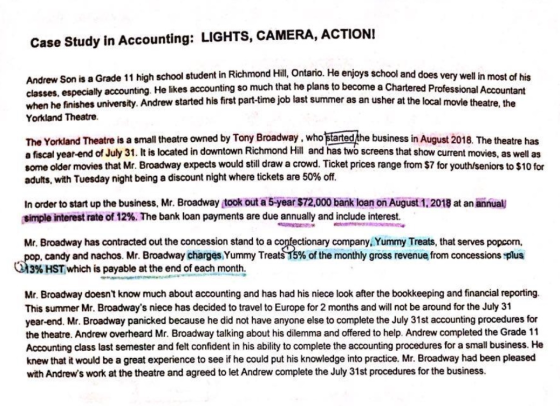 Case Study in Accounting: LIGHTS, CAMERA, ACTION! Andrew Son is a Grade 11 high school student in Richmond Hill, Ontario. He