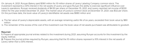 On January 4, 2021, Runyan Bakery paid $360 million for 10 million shares of Lavery Labeling Company common stock. The invest